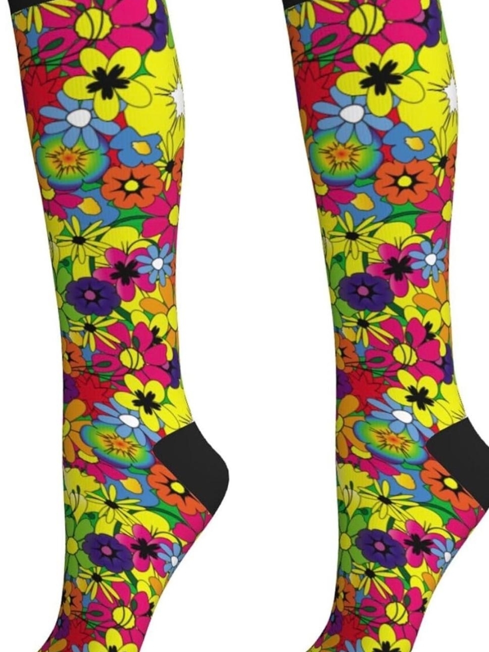 Vibrant Yellow Floral Crew Cmoression Socks - Woman's Colorful Patterned Socks - Picture 2 of 4